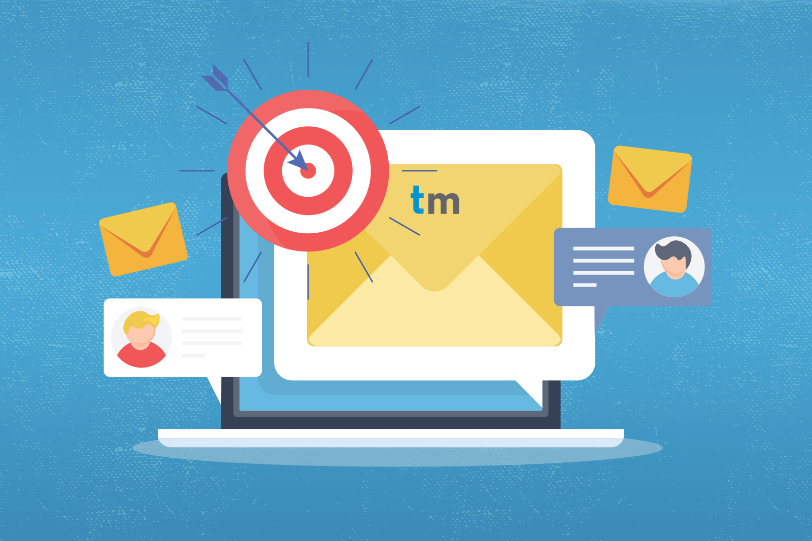 Flat design web banner illustration for Targeting online audience with email marketing campaign. Illustration of a laptop computer with an envelope mail emoji over top of it with a target bulls-eye emoji.