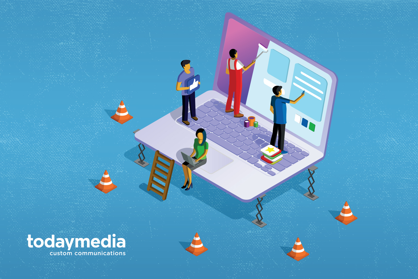 Isometric illustration with a laptop, men and women working on web design.